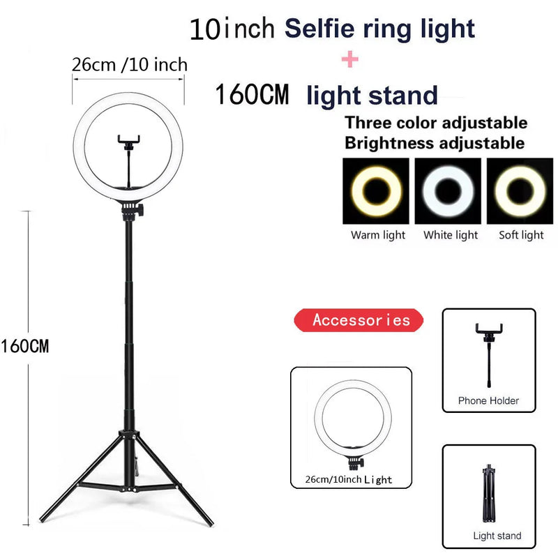 26 33cm luzes de vídeo luz regulável selfie led anel luz usb anel lâmpada iluminação com tripé suporte para fazer youtube ringlight
