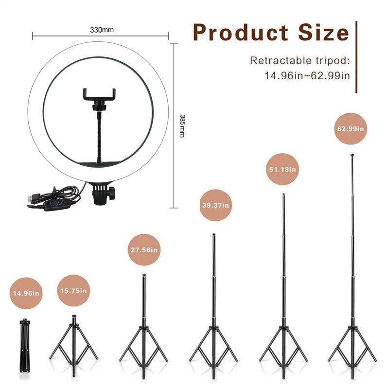 26 33cm luzes de vídeo luz regulável selfie led anel luz usb anel lâmpada iluminação com tripé suporte para fazer youtube ringlight
