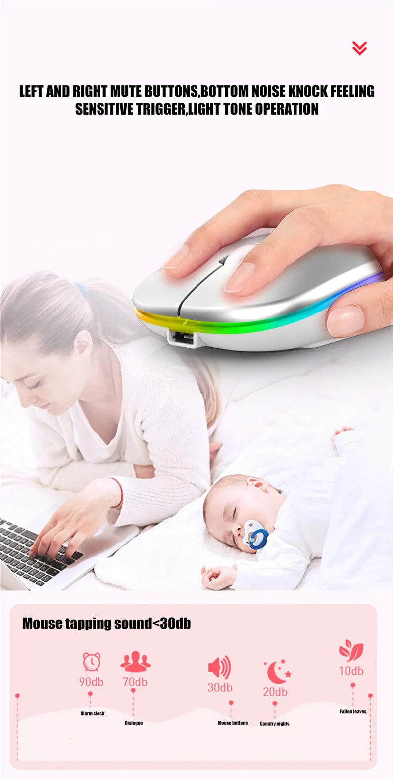 Mouse sem fio recarregável led retroiluminado computador portátil receptor bluetooth modo duplo