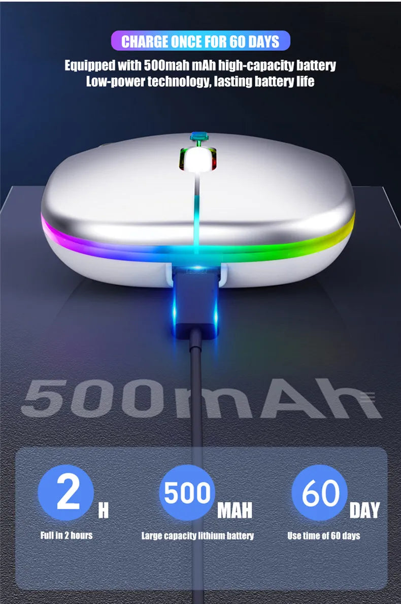 Mouse sem fio recarregável led retroiluminado computador portátil receptor bluetooth modo duplo