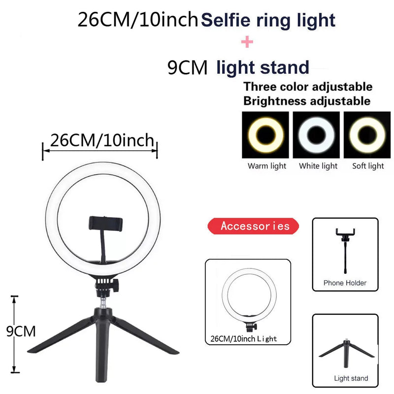 26 33cm luzes de vídeo luz regulável selfie led anel luz usb anel lâmpada iluminação com tripé suporte para fazer youtube ringlight
