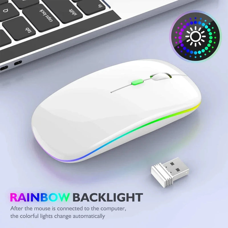 Mouse sem fio recarregável led retroiluminado computador portátil receptor bluetooth modo duplo