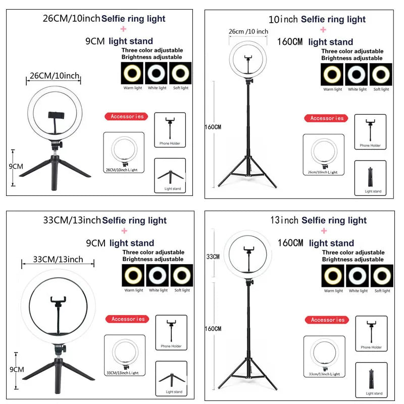 26 33cm luzes de vídeo luz regulável selfie led anel luz usb anel lâmpada iluminação com tripé suporte para fazer youtube ringlight