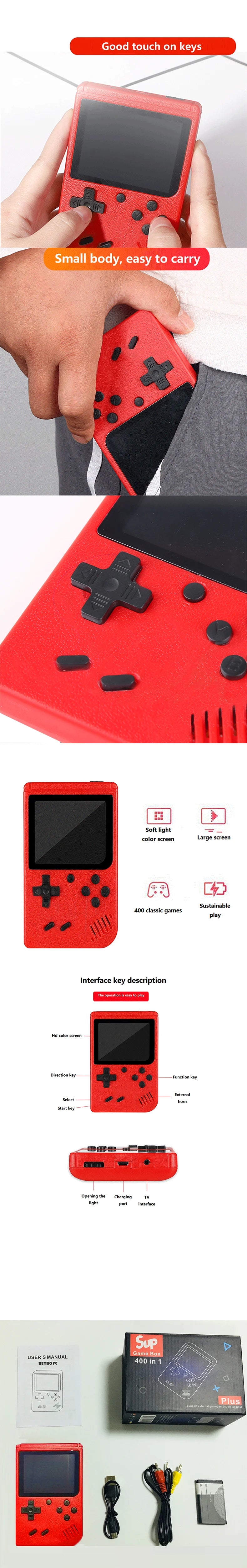 Um console de jogo pequeno portátil vermelho retrô clássico para crianças com centenas de carregamento de jogo pode ser conectado à TV